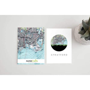Stratford Connecticut city skyline with vintage Stratford map | Secret Sale - Notecard - City Map Skyline