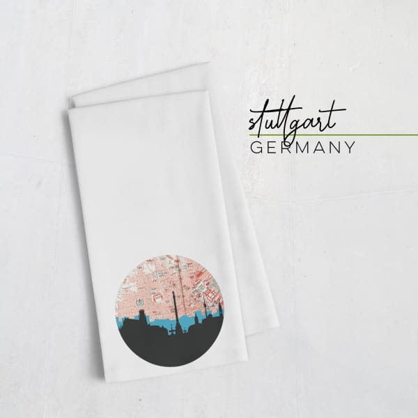 Stuttgart city skyline with vintage Stuttgart map - Tea Towel - City Map Skyline