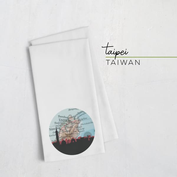 Taipei Taiwan city skyline with vintage Taipei map - Tea Towel - City Map Skyline