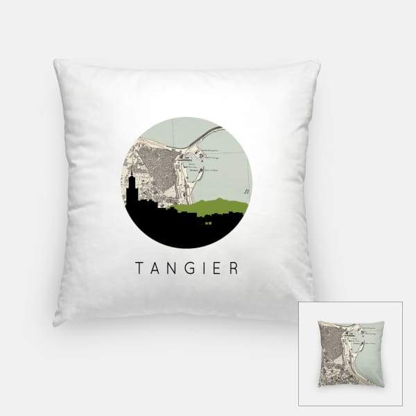 Tangier Morocco city skyline with vintage Tangier map - Pillow | Square - City Map Skyline