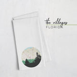 The Villages Florida city skyline with vintage The Villages map - Tea Towel - City Map Skyline