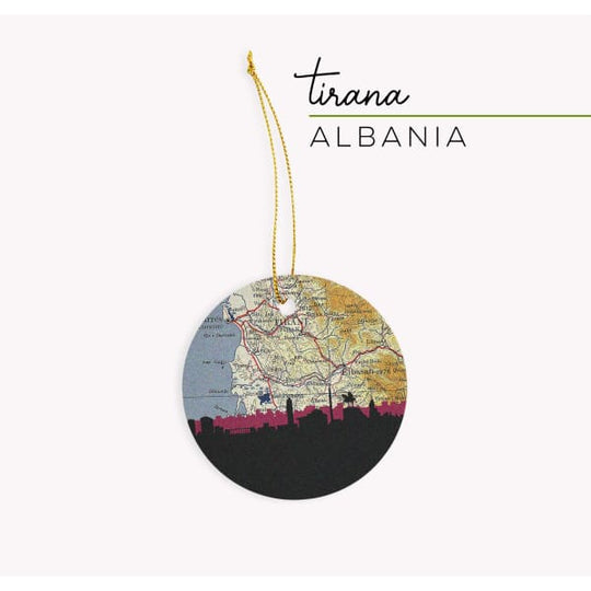 Tirana Albania city skyline with vintage Tirana map - Ornament - City Map Skyline
