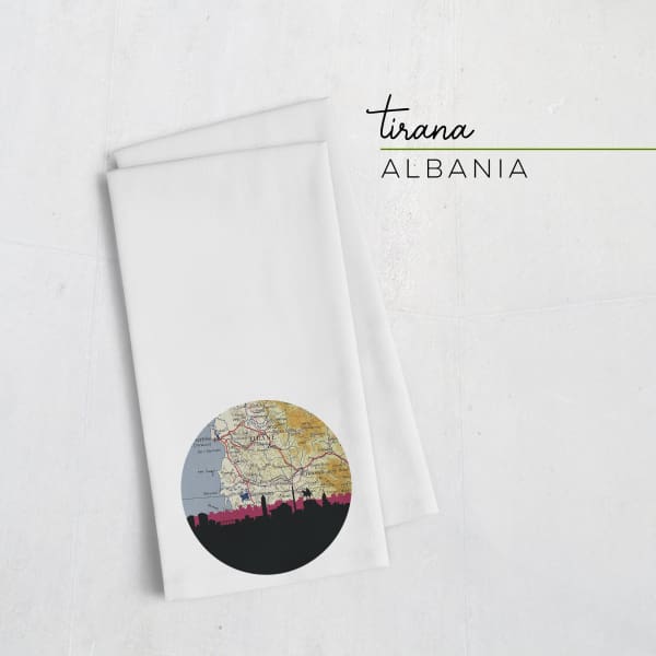 Tirana Albania city skyline with vintage Tirana map - Tea Towel - City Map Skyline