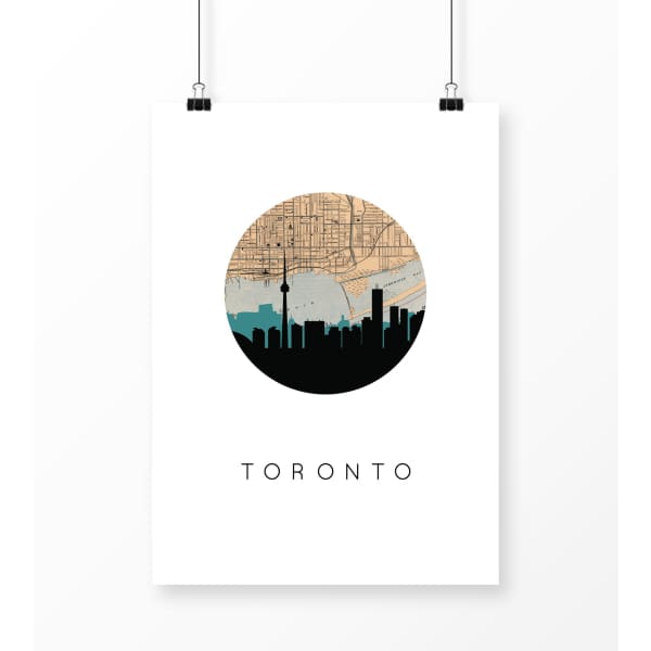 Toronto Ontario city skyline with vintage Toronto map - 5x7 Unframed Print - City Map Skyline