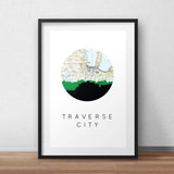 Traverse City Michigan city skyline with vintage Traverse City map - 5x7 Unframed Print - City Map Skyline