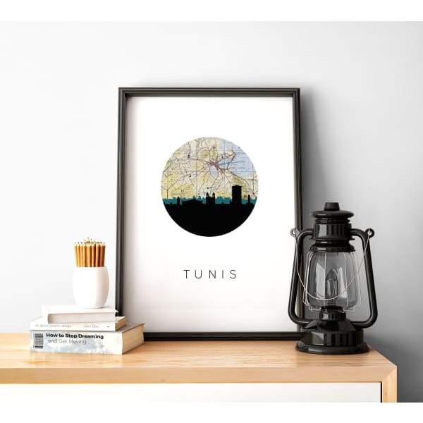 Tunis Tunisia city skyline with vintage Tunis map - 5x7 Unframed Print - City Map Skyline