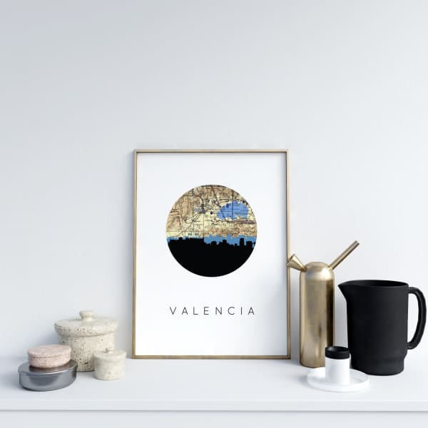 Valencia Venezuela city skyline with vintage Valencia map - 5x7 Unframed Print - City Map Skyline