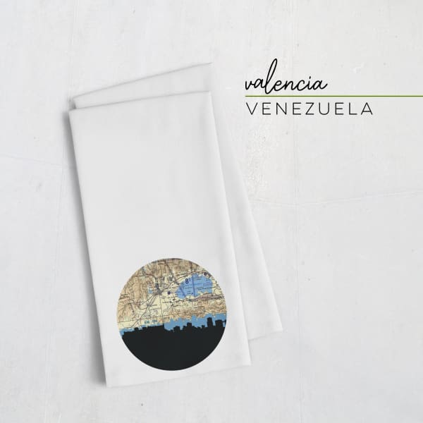 Valencia Venezuela city skyline with vintage Valencia map - Tea Towel - City Map Skyline