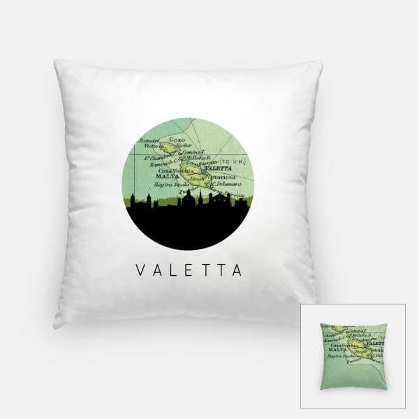 Valletta Malta city skyline with vintage Valletta map - Pillow | Square - City Map Skyline