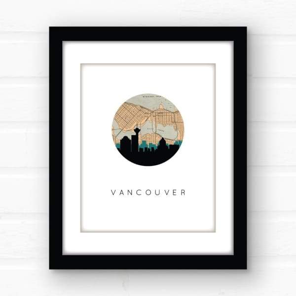 Vancouver British Columbia city skyline with vintage Vancouver map - 5x7 FRAMED Print - City Map Skyline