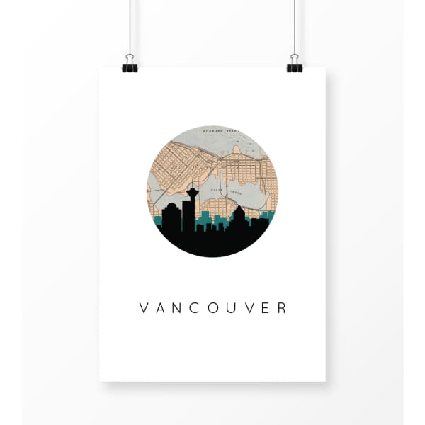 Vancouver British Columbia city skyline with vintage Vancouver map - 5x7 Unframed Print - City Map Skyline