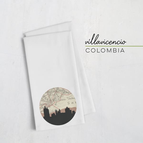 Villavicencio Colombia city skyline with vintage Villavicencio map - Tea Towel - City Map Skyline