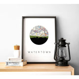 Watertown Massachusetts city skyline with vintage Watertown map - 5x7 Unframed Print - City Map Skyline