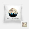 Westminster Maryland city skyline with vintage Westminster map - Pillow | Square - City Map Skyline