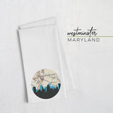 Westminster Maryland city skyline with vintage Westminster map - Tea Towel - City Map Skyline