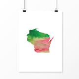 Wisconsin state watercolor - 5x7 Unframed Print / Pink + Green - State Watercolor