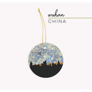 Wuhan China city skyline with vintage Wuhan map - Ornament - City Map Skyline