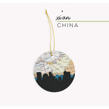 Xi’an China city skyline with vintage Xi’an map - Ornament - City Map Skyline