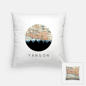 Yangon Myanmar city skyline with vintage Yangon map - Pillow | Square - City Map Skyline