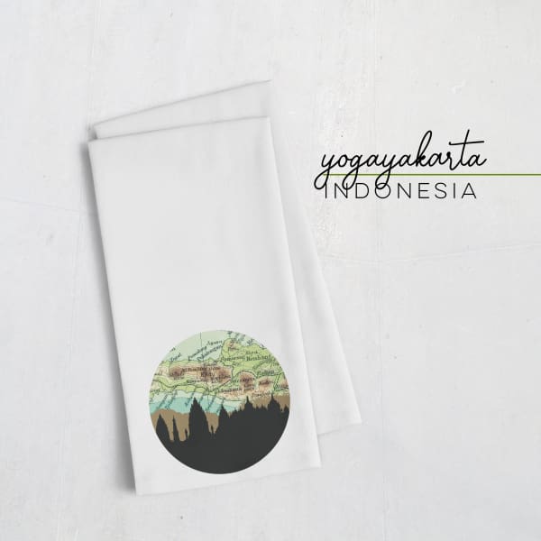 Yogyakarta Indonesia city skyline with vintage Yogyakarta map - Tea Towel - City Map Skyline