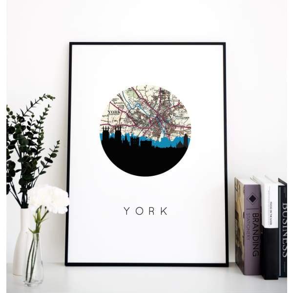 York England city skyline with vintage York map - 5x7 FRAMED Print - City Map Skyline