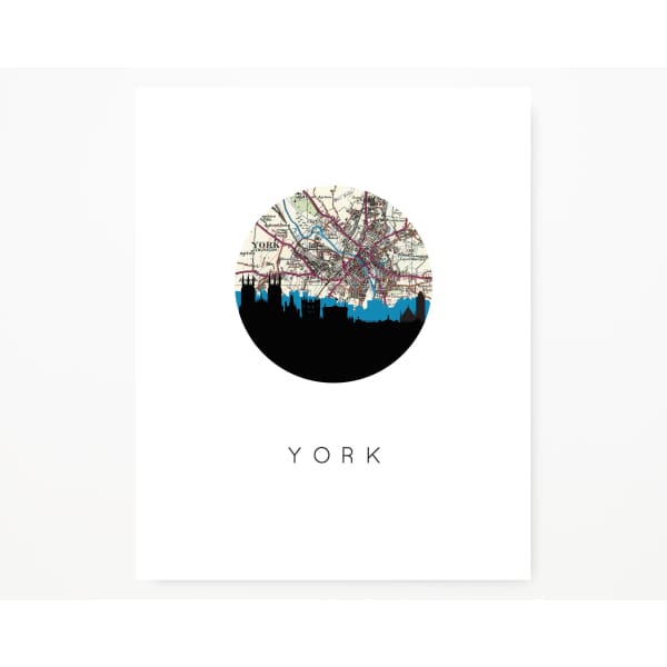 York England city skyline with vintage York map - 5x7 Unframed Print - City Map Skyline