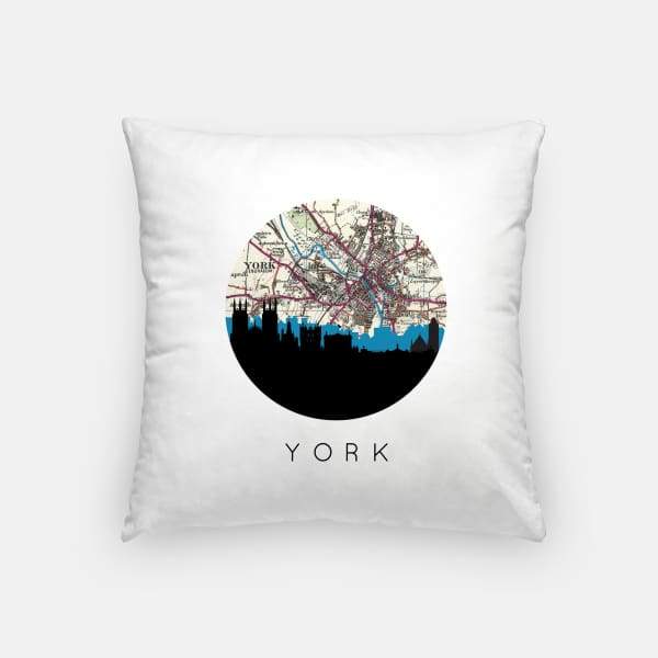 York England city skyline with vintage York map - Pillow | Square - City Map Skyline