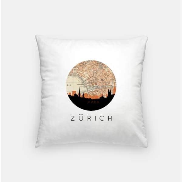 Zurich city skyline with vintage Zurich map - Pillow | Square - City Map Skyline