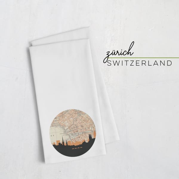 Zurich city skyline with vintage Zurich map - Tea Towel - City Map Skyline